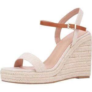 NWT New York & Company Unita Platform Espadrille Wedge Sandal Natural Brown 10M